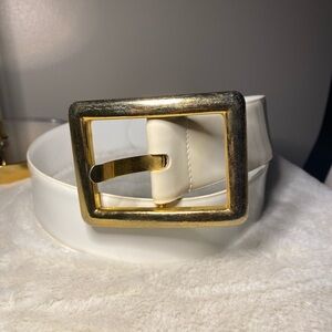 Milor Vintage White Patent Leather Belt with Gold Rectangular Buckle Wide M/L